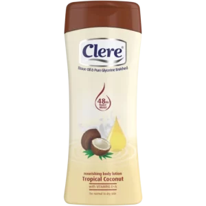 Clere Tissue Oil & Pure Glycerine Enriched Tropical Coconut Nourishing Hand & Body Lotion Bottle 400ml